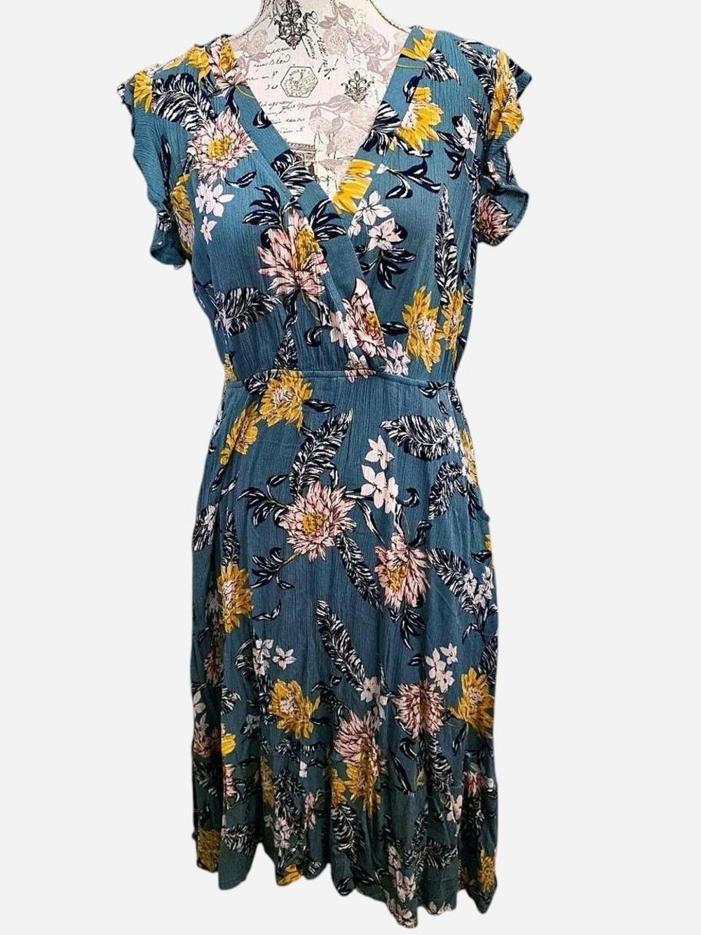 Kori Teal Floral Midi Dress with Yellow & Blush Accents